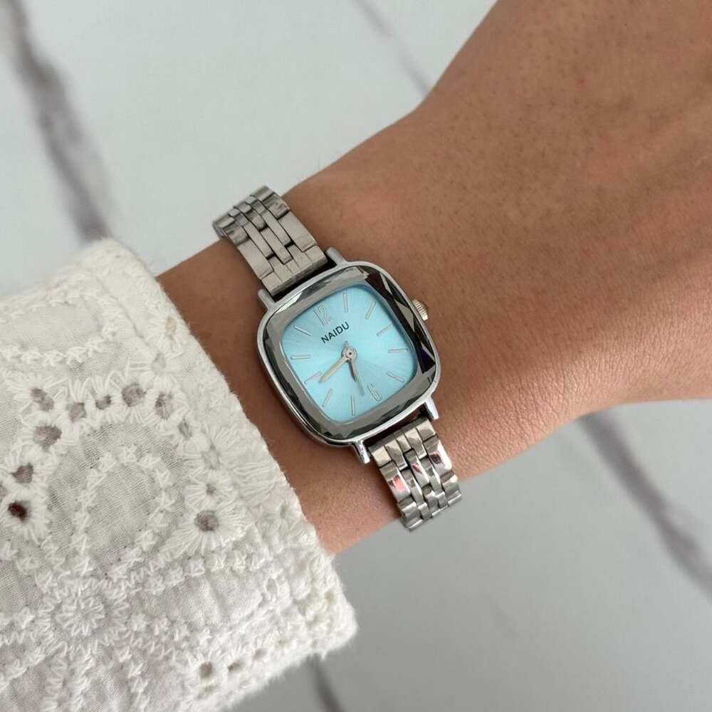 SKU0134 Retro Silver Blue Women‎ Fashion Square Watch Stainless steel + gift bag